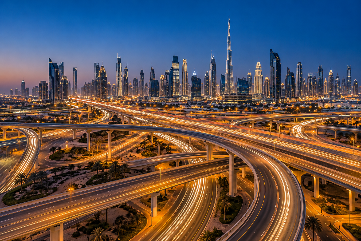 AI-generated visualisation of layered UAE highways and a Dubai-inspired skyline